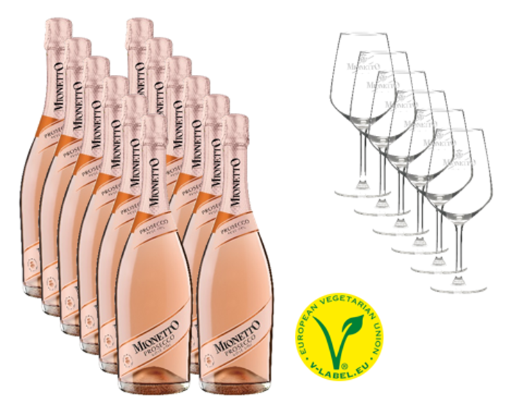 Komplekts Nr.39  Mionetto Prosecco Rose Extra Dry  D.O.C  11%  0.75l   12 pudeles +  6 glāzes